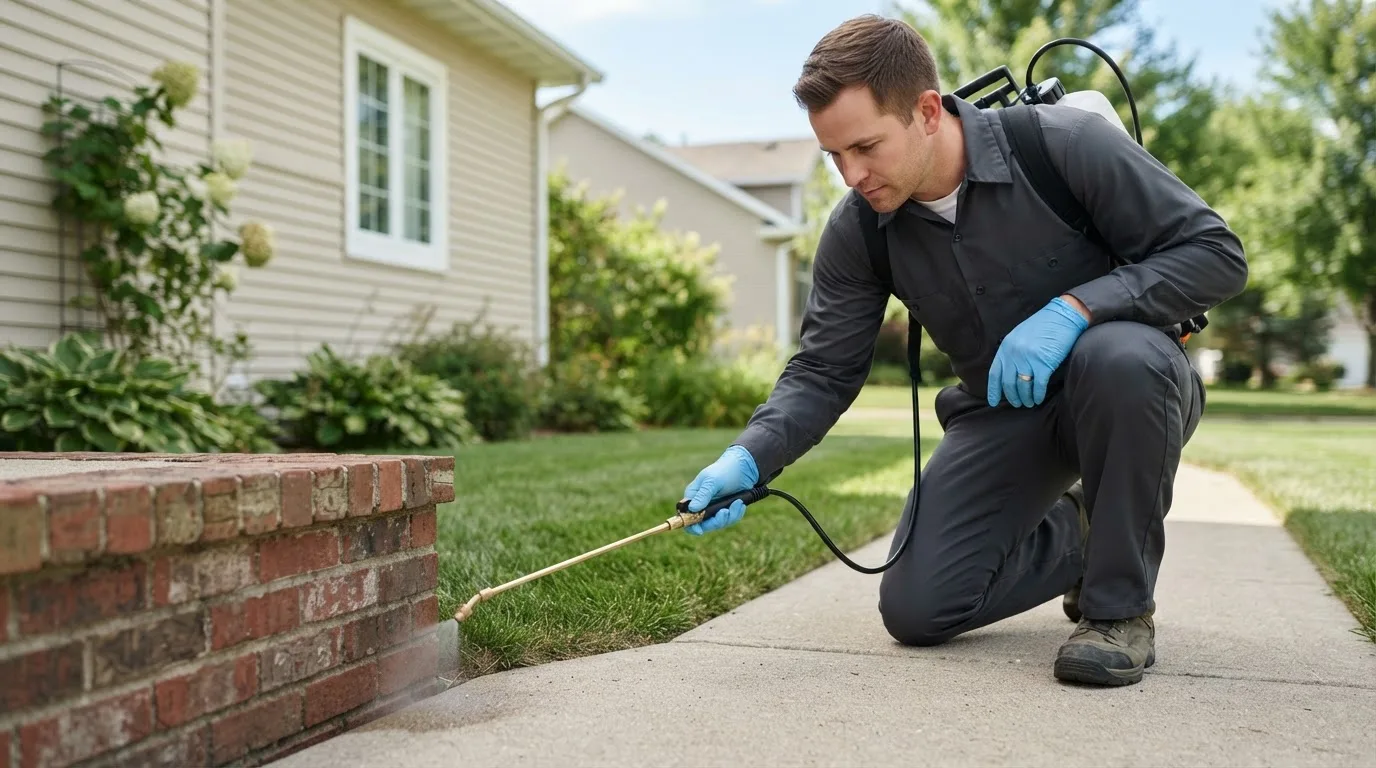 Pest control technician treating a home near Whitefield, ME