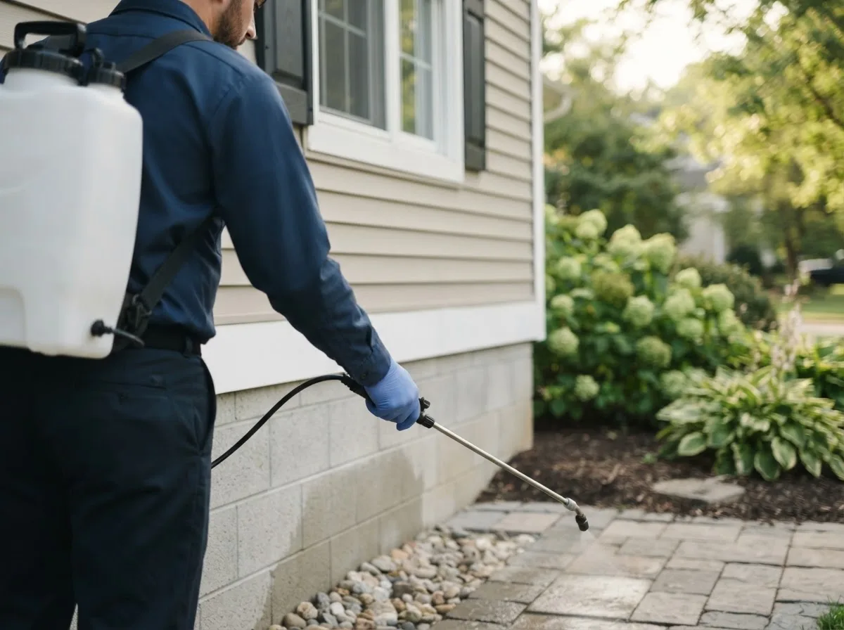 Pest control technician inspecting a home in Whitefield, ME